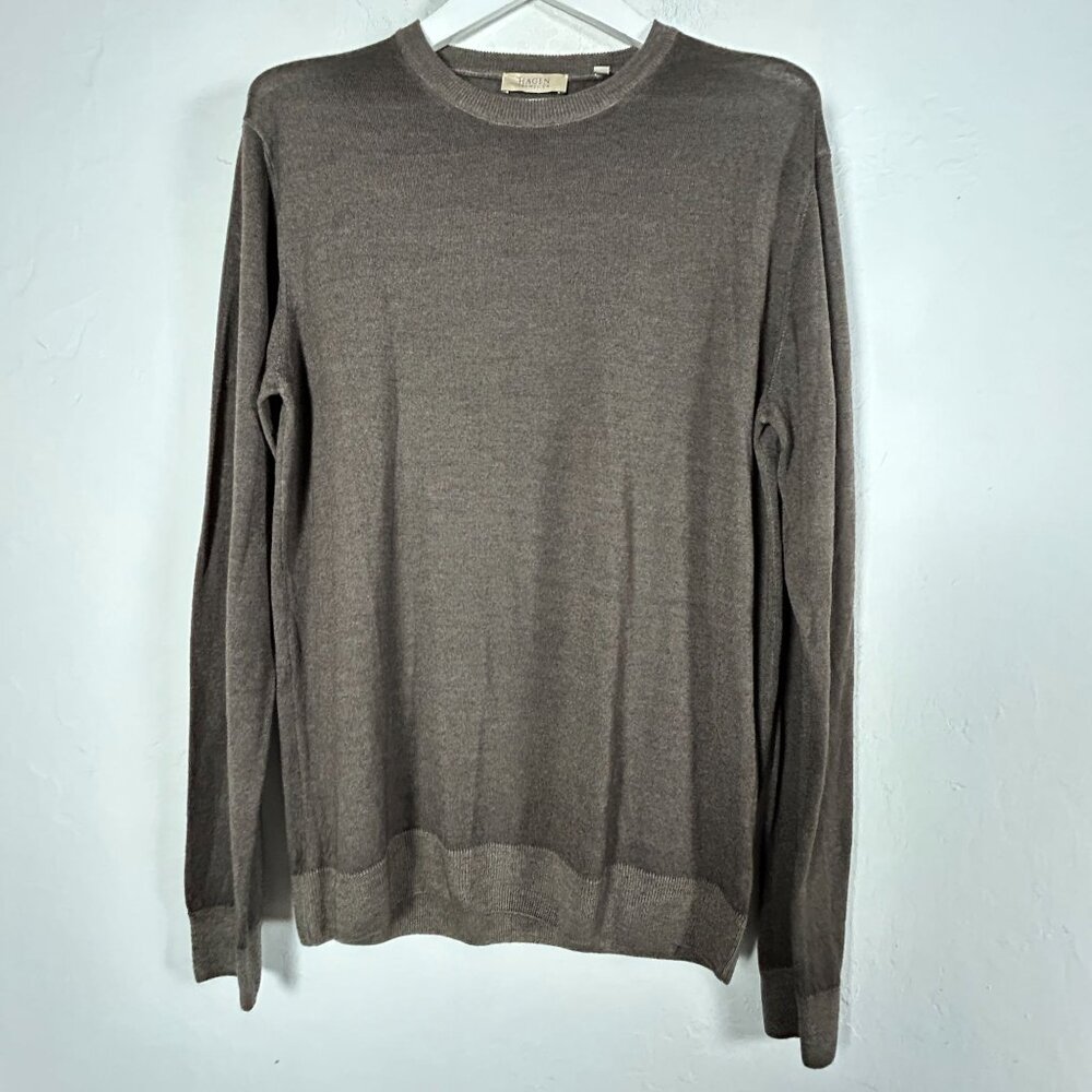Hagen Carmel Mens Merino Wool Crewneck Sweater Large Brown Pullover Italy Made